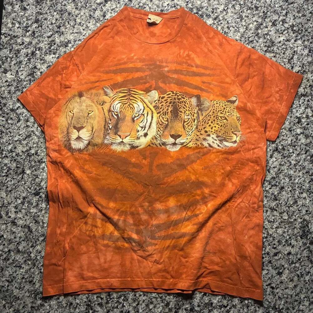 The Mountain Big Cats T-Shirt Size L Orange Tie Dye Animal Print